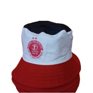 כובע טמבל מלמעלה שחור באמצע לבן עם לוגו הפועל תל אביב ולמטה אדום